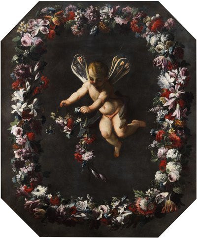 花の花輪にトンボの羽を持つプット。キャンバスに油彩。 191 x 161 cm 作： attributed to Giovanni Stanchi Dei Fiori